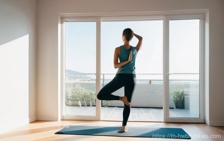 습관 스택킹과 균형 잡힌 삶의 중요성 - **A serene morning habit-stacking scene:** A young adult, dressed in comfortable athleisure wear, st...