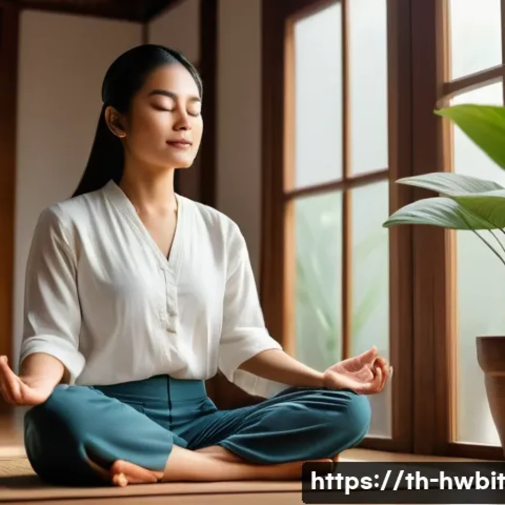 습관 스택킹을 통한 장기 목표 설정 전략 - A serene Thai woman in casual comfortable clothes practicing meditation for 5 minutes every morning ...