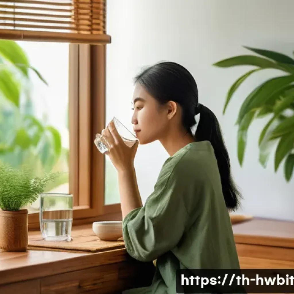 일상에서의 작은 습관 스택킹 실천하기 - A cozy modern Thai bedroom at dawn, soft natural light filtering through bamboo blinds, a young Thai...