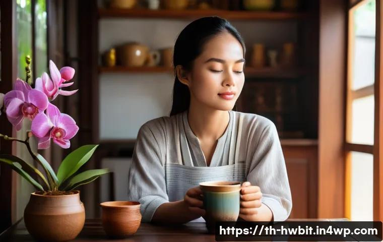 습관 스택킹으로 불안감 줄이기 - A peaceful morning scene in a cozy Thai home kitchen: a young Thai adult woman wearing comfortable, ...