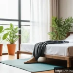 습관 스택킹을 통한 생산성 측정 방법 - A cozy modern bedroom in the early morning light, featuring a neatly made bed next to a bedside tabl...