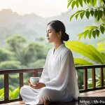 습관 스택킹 기법을 통한 감정 조절 기술 - A serene morning scene featuring a young Thai woman sitting peacefully on a traditional wooden balco...