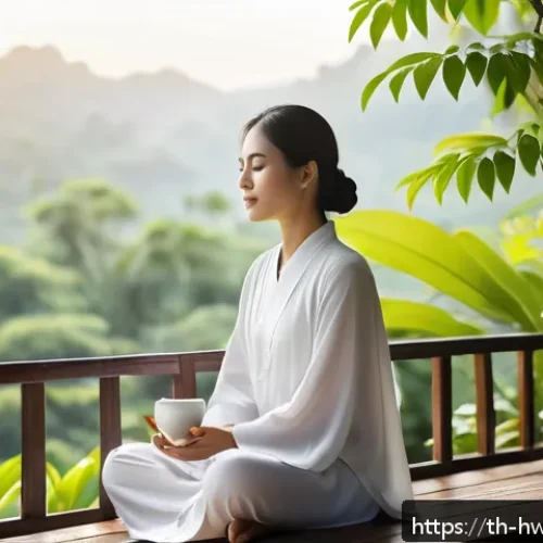 습관 스택킹 기법을 통한 감정 조절 기술 - A serene morning scene featuring a young Thai woman sitting peacefully on a traditional wooden balco...