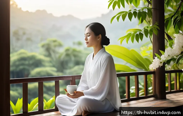 습관 스택킹 기법을 통한 감정 조절 기술 - A serene morning scene featuring a young Thai woman sitting peacefully on a traditional wooden balco...