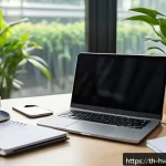 작업 환경에서의 습관 스택킹 전략 - A modern Thai office setting with a neat and organized desk featuring a laptop, a notebook open with...