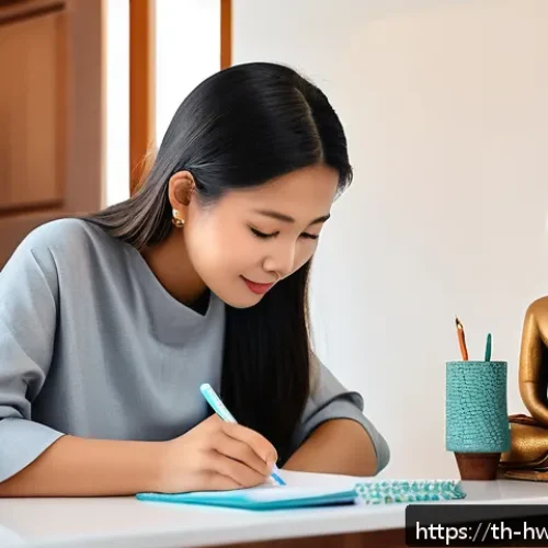 업무 효율성을 높이기 위한 습관 스택킹 전략 - A cozy Thai home interior showing a morning routine scene: a young adult woman in modest casual clot...