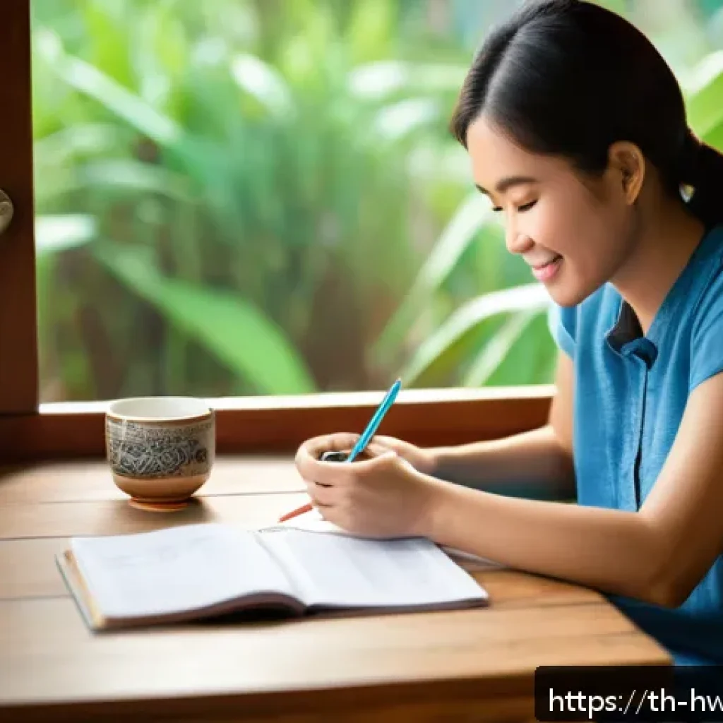 습관 스택킹을 통한 재무 관리 개선하기 - A cozy Thai morning scene showing a young adult woman enjoying a cup of traditional Thai coffee at a...