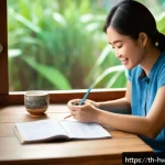습관 스택킹을 통한 재무 관리 개선하기 - A cozy Thai morning scene showing a young adult woman enjoying a cup of traditional Thai coffee at a...