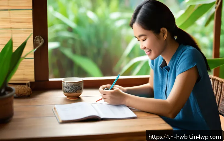 습관 스택킹을 통한 재무 관리 개선하기 - A cozy Thai morning scene showing a young adult woman enjoying a cup of traditional Thai coffee at a...